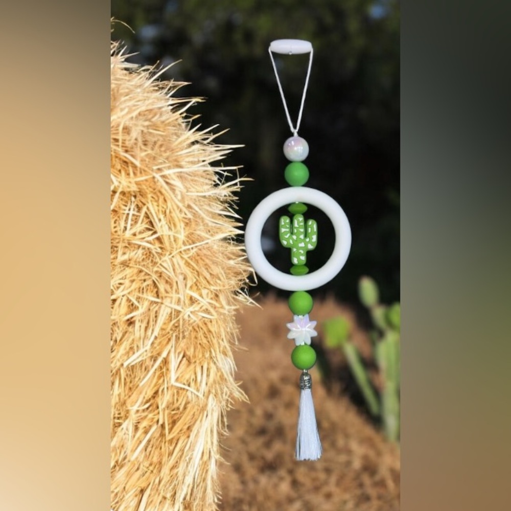 Green and White Cactus Beaded Car Charm